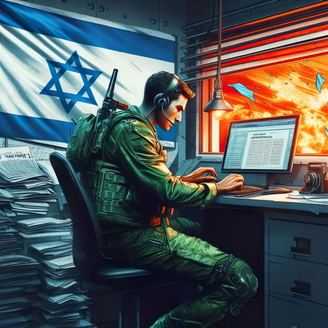 Periodista con elementos de soldado color verde olivo sentado en una oficina con la bandera de Israel, escribiendo en una computadora un artículo, con una ventana donde se ve algunas explosiones afuera.