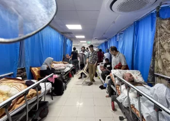 Palestinos en el hospital Al-Shifa de la ciudad de Gaza, 10 de noviembre de 2023. (Flash90)