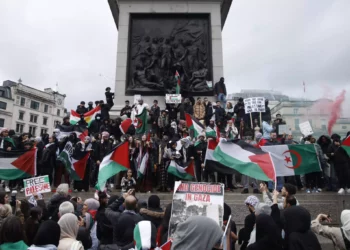 Manifestantes sostienen banderas y pancartas mientras permanecen en la base de la Columna de Nelson en Trafalgar Square durante una manifestación propalestina en Londres, el 21 de octubre de 2023. (David Cliff/AP)