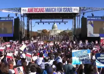 El presidente Isaac Herzog se dirige virtualmente a una manifestación pro-Israel en Washington el 14 de noviembre de 2023. (Captura de pantalla/Youtube)