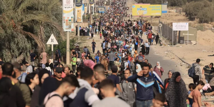 Palestinos que huyen de la ciudad de Gaza y otras partes del norte de Gaza hacia las zonas del sur caminan por una carretera el 9 de noviembre de 2023, en medio de los combates en curso entre Israel y el grupo terrorista palestino Hamás. (Mahmud Hams/AFP)
