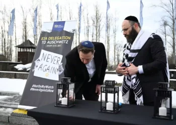 Elon Musk participa en una visita privada a Auschwitz-Birkenau con el presidente de la Asociación Judía Europea (EJA), el rabino Menachem Margolin, en Oswiecim, Polonia, el 22 de enero de 2024. Asociación Judía Europea/Yoav Dudkevitch/Handout via REUTERS
