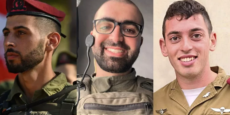 De izquierda a derecha: el cabo Eyal Mevorach Twito, el mayor David Nati Alfasi y el mayor Ilay Levy, oficiales de la Brigada Paracaidista muertos en la Franja de Gaza el 22 de enero de 2024. (Fuerzas de Defensa de Israel)