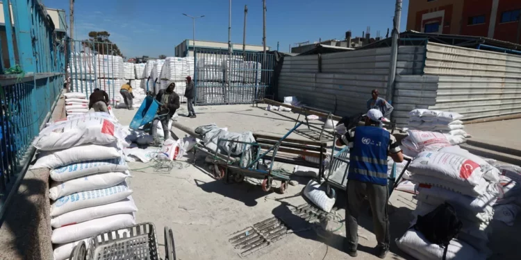 Trabajadores de la ONU son fotografiados en un almacén/centro de distribución de la UNRWA en Rafah, en el sur de la Franja de Gaza, que supuestamente fue parcialmente afectado por una huelga el 13 de marzo de 2024(Mohammed Abed/AFP)