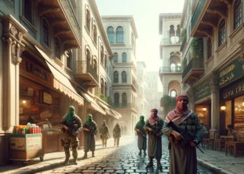Please generate an image of a modern, realistic street in Europe, which is guarded by Middle Eastern militiamen, dressed in Western civilian clothes, but wearing their traditional keffiyeh covering their heads, fastened with a green band at the level of the forehead. They are with their typical weaponry, guarding streets and traffic. Representing cultural integration and mutual care.