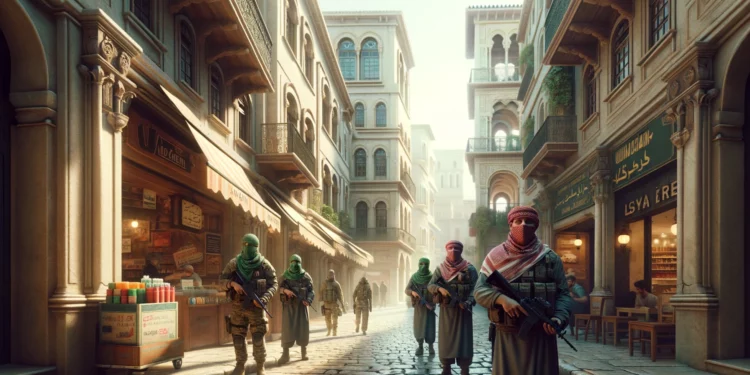 Please generate an image of a modern, realistic street in Europe, which is guarded by Middle Eastern militiamen, dressed in Western civilian clothes, but wearing their traditional keffiyeh covering their heads, fastened with a green band at the level of the forehead. They are with their typical weaponry, guarding streets and traffic. Representing cultural integration and mutual care.