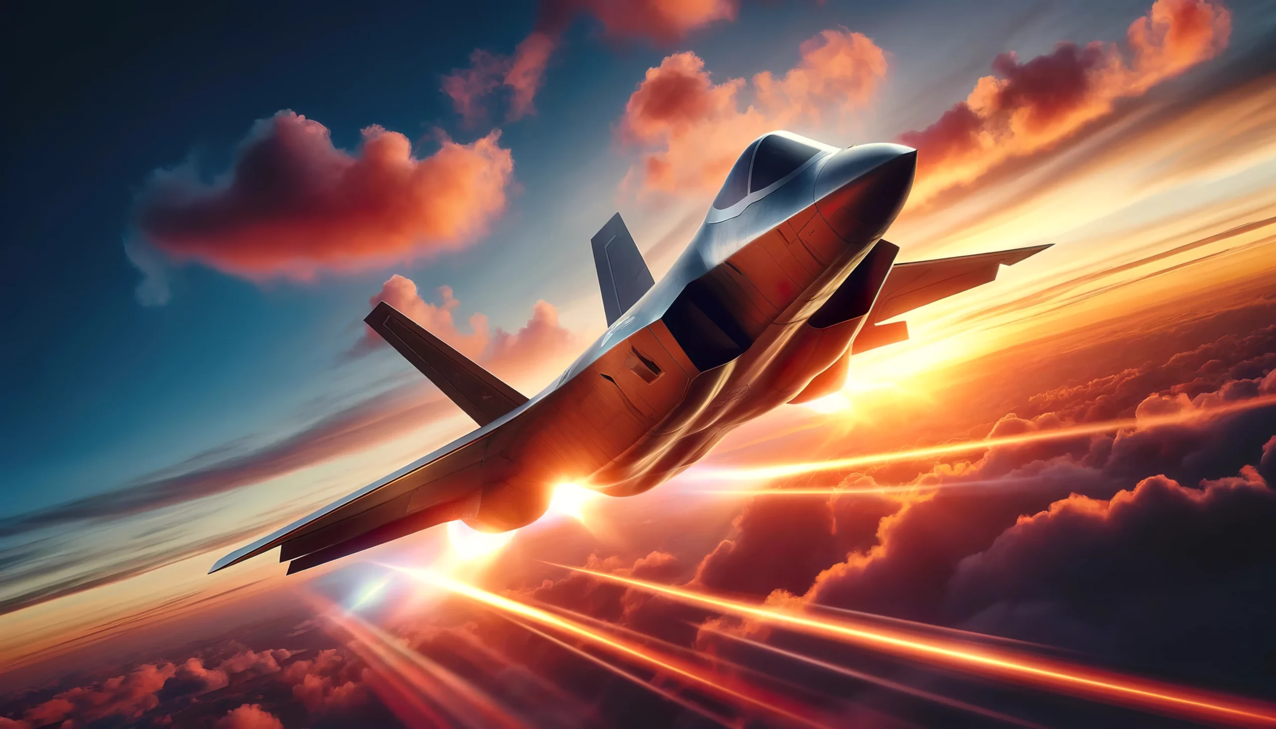 Create a hyperrealistic 16:9 image of a modern sixth-generation fighter from the NGAD program. The fighter should be in the shape of a flying wing, without a tail, and be flying in a sunset sky while shooting flares that illuminate the sky.