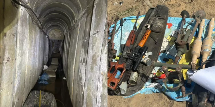 Una imagen publicada el 7 de abril de 2024 muestra un túnel de 900 metros de largo descubierto por las FDI en el barrio de al-Amal de Jan Yunis, junto con armas descubiertas en su interior. 

(Fuerzas de Defensa de Israel)