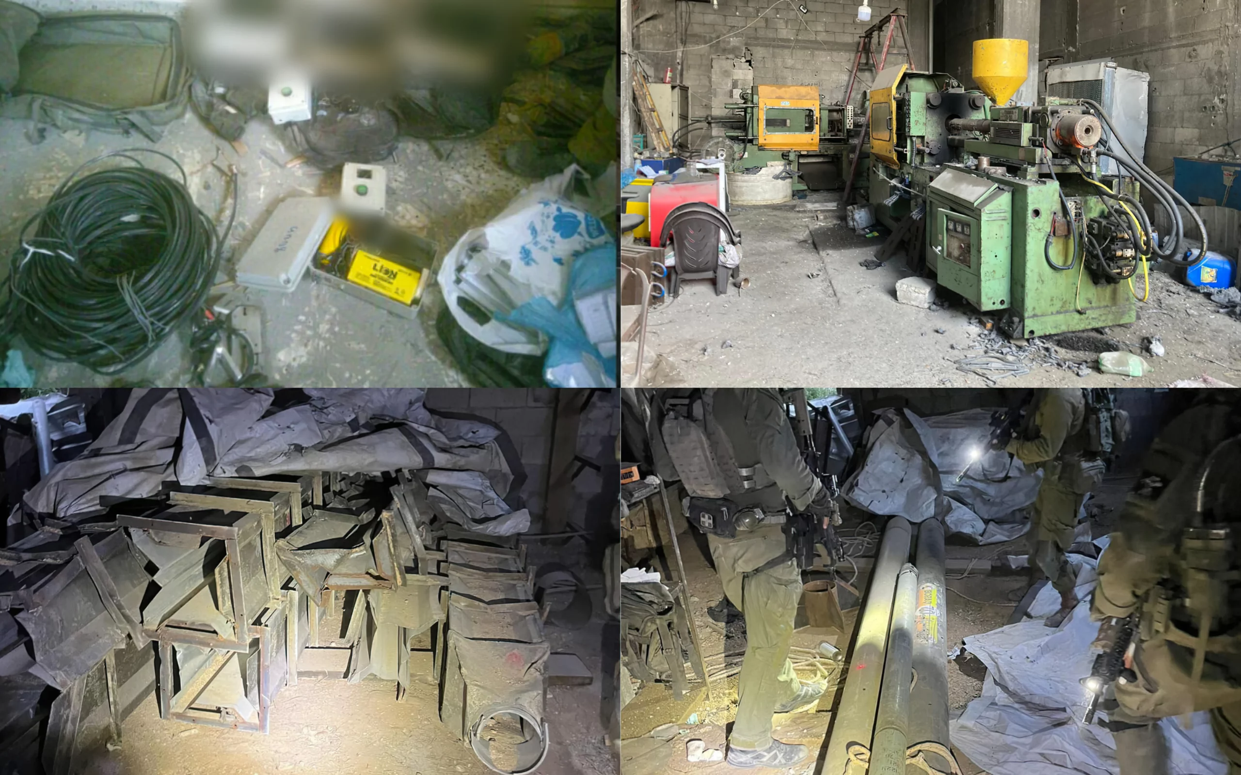 Estas imágenes publicadas por las FDI el 18 de mayo de 2024 muestran equipos y cohetes de largo alcance encontrados en una planta de fabricación de armas en las afueras de Jabaliya, en el norte de Gaza. (Fuerzas de Defensa de Israel)
