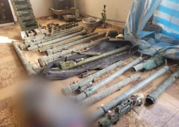 A cache of weapons found by troops in a school in northern Gaza's Jabaliya, in an image published May 26, 2024. (Israel Defense Forces)