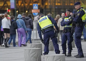 La policía monta guardia mientras la gente hace cola para el segundo ensayo general de la primera semifinal en el Festival de la Canción de Eurovisión en Malmö, Suecia, el lunes 6 de mayo de 2024. (AP Foto/Martin Meissner)