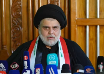 Iraqi cleric Moqtada Sadr gives a press conference at his home in the holy city of Najaf on July 20, 2023. (Qassem al-Kaabi/AFP)