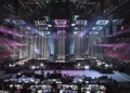 La etapa completa de Eurovisión en el Malmö Arena se muestra en una conferencia de prensa en Malmö, Suecia, el 25 de abril de 2024. (Johan Nilsson/TT News Agency vía AP, Archivo)