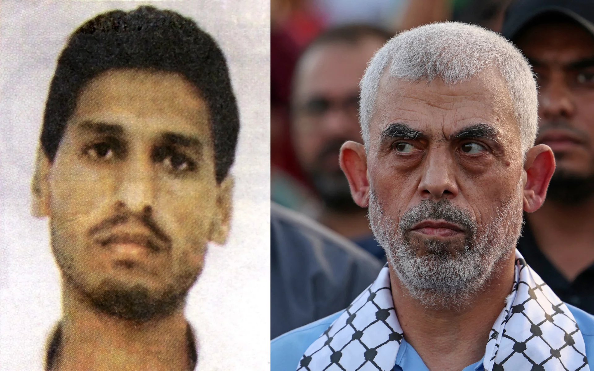 Los líderes de Hamás, Muhammad Deif (izq.) y Yahya Sinwar (MAHMUD HAMS/AFP)
