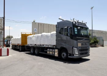 A truck carrying humanitarian aid for the Gaza Strip crosses the Kerem Shalom border crossing between southern Israel and Gaza, May 30, 2024. (Jack Guez/AFP)