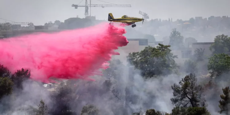 Bomberos israelíes intentan extinguir un incendio que estalló en el Valle de la Cruz cerca del Museo de Israel en Jerusalén, el 2 de junio de 2024 (Yonatan Sindel/Flash90)