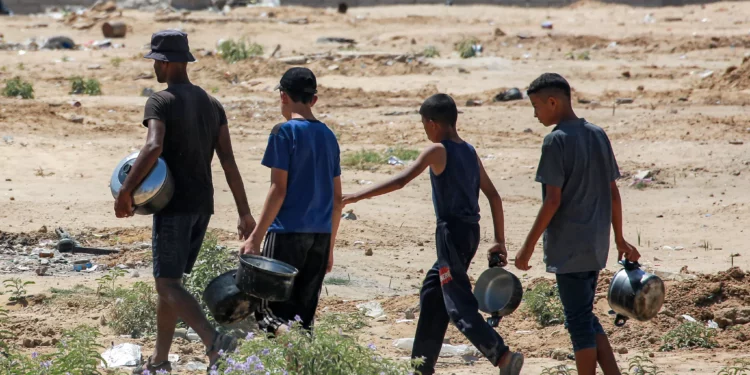 Un hombre y tres niños caminan con ollas de camino a una cocina benéfica para recoger alimentos, al noroeste de Rafah, en el sur de la Franja de Gaza, el 24 de junio de 2024. (Bashar Taleb/AFP)