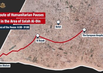 Un gráfico publicado por las FDI que muestra la ruta de ayuda que verá pausas humanitarias el 16 de junio de 2024 (Fuerzas de Defensa de Israel)