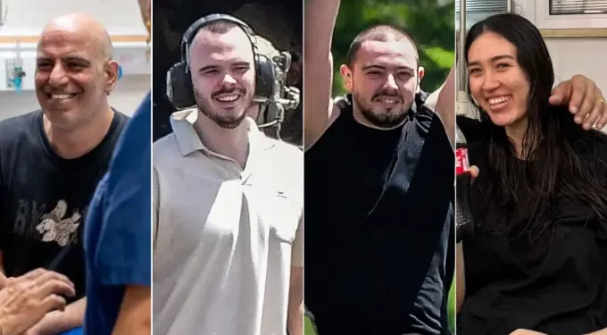 Rehenes israelíes fotografiados después de su rescate del cautiverio de Hamás en Gaza el 8 de junio de 2024. De izquierda a derecha: Shlomi Ziv (FDI); Andrey Kozlov y Almog Meir Jan (Avshalom Sassoni/Flash90); y Noa Argamani (Cortesía).