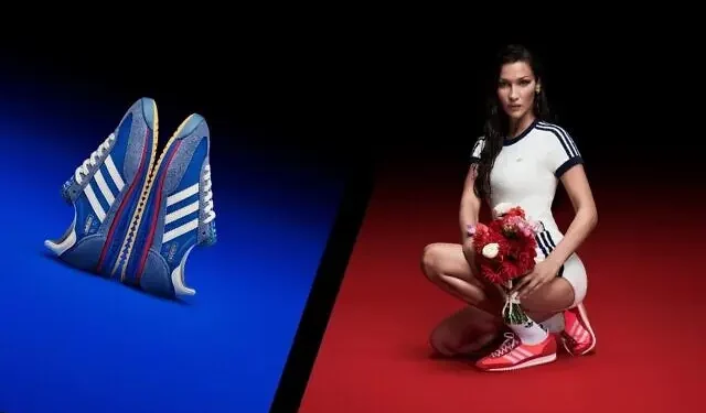 Una nueva campaña de Adidas presenta a la supermodelo Bella Hadid luciendo una reedición de las zapatillas de los Juegos Olímpicos de Múnich de 1972. (Fotos cortesía de Adidas. Diseño de Jackie Hajdenberg vía JTA)