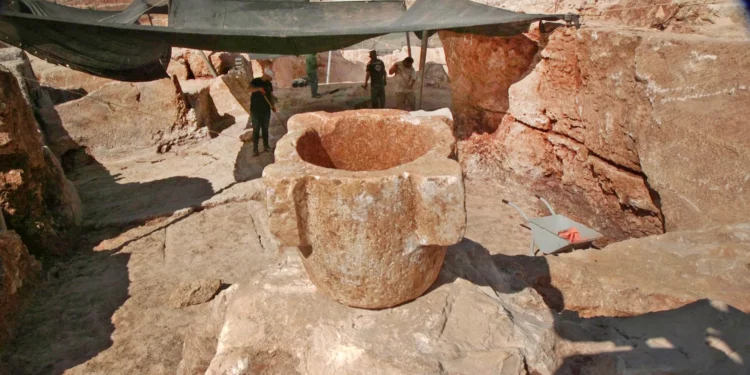 Vasijas de piedra identificadas con la población judía del período del Segundo Templo, descubiertas en la cantera, en una fotografía publicada el 1 de agosto de 2024. (Emil Aladjem/IAA)