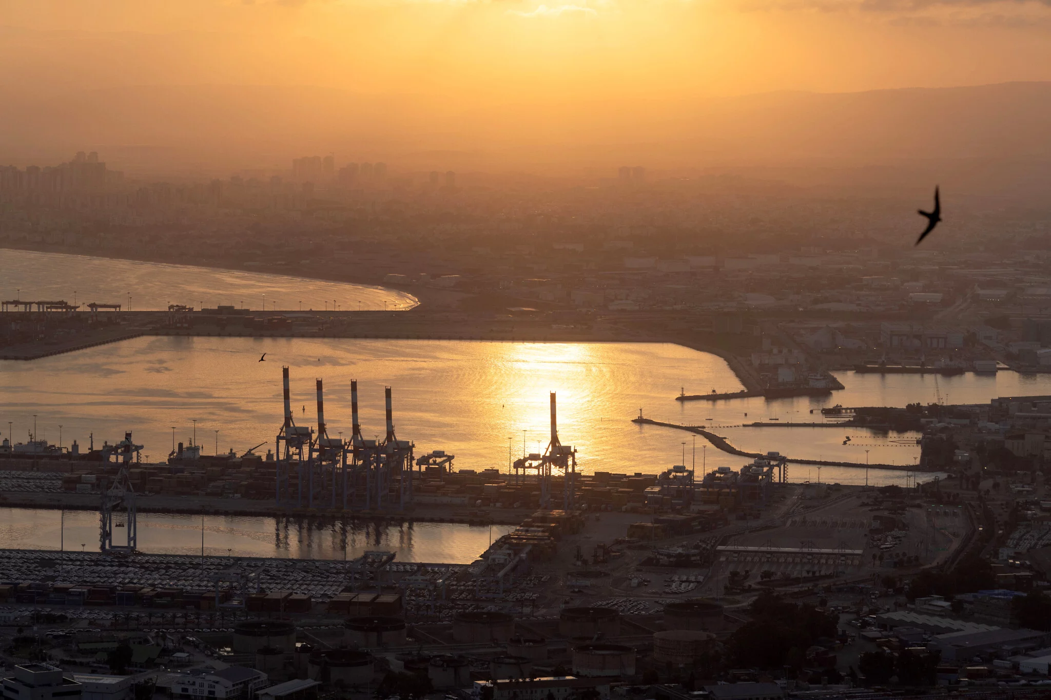El sol sale sobre el puerto de la ciudad de Haifa, en el norte de Israel, el 3 de agosto de 2024, en medio de amenazas contra Israel por parte de Hezbolá desde el norte. (Oren ZIV / AFP)