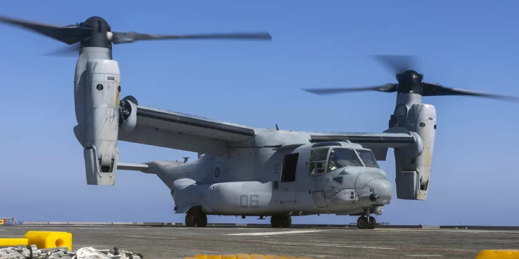 Un MV-22B Osprey, asignado a los “Blue Knights” del Escuadrón de rotor basculante mediano (VMM) 365 (reforzado) de la Marina, aterriza en la cubierta de vuelo del buque de asalto anfibio turco TCG Anadolu (L-400) durante un evento de familiarización entre cubiertas con el buque de asalto anfibio USS Wasp (LHD 1) el 15 de agosto de 2024. (Foto de la Marina de los EE. UU. por el especialista en comunicación de masas de segunda clase Sydney Milligan)