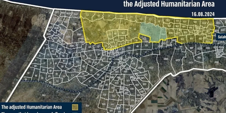 Este mapa publicado por las FDI el 16 de agosto de 2024 muestra un ajuste a la zona humanitaria designada por Israel en la Franja de Gaza (Fuerzas de Defensa de Israel)
Este mapa publicado por las FDI el 16 de agosto de 2024 muestra un ajuste a la zona humanitaria designada por Israel en la Franja de Gaza (Fuerzas de Defensa de Israel)