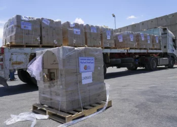 Un paquete de ayuda humanitaria para la Franja de Gaza con el logotipo de World Central Kitchen (WCK) en un camión en el cruce fronterizo de Kerem Shalom, en el sur de Israel, el 30 de mayo de 2024. (Foto AP/Tsafrir Abayov)