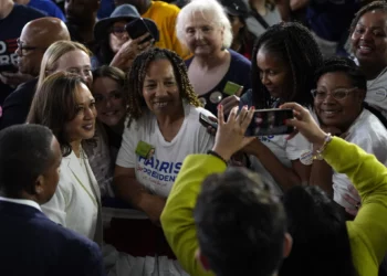 La candidata presidencial demócrata a la vicepresidenta de Estados Unidos, Kamala Harris, saluda a sus partidarios en un mitin de campaña el miércoles 7 de agosto de 2024 en Romulus, Michigan (Foto AP/Julia Nikhinson)