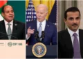 El presidente egipcio, Abdul Fatah el Sisi, el presidente estadounidense, Joe Biden, y el emir de Qatar, Tamim bin Hamad Al Thani. (Collage/AP)