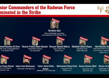 Una infografía de las Fuerzas de Defensa de Israel muestra a los altos mandos de la Fuerza Radwan de Hezbolá muertos en un ataque el 20 de septiembre de 2024 en Beirut. (Fuerzas de Defensa de Israel)