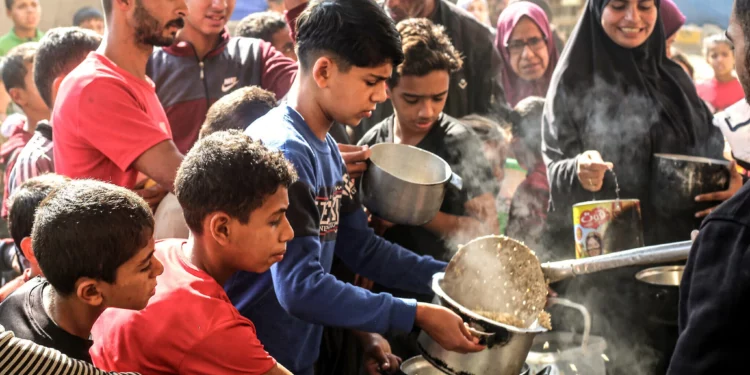 Gazatíes recogen ayuda alimentaria en el campamento de Bureij, en el centro de la Franja de Gaza, el 6 de noviembre de 2024. (Eyad Baba/AFP)