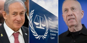 El primer ministro israelí, Benjamin Netanyahu (izquierda), en la Knesset, el 11 de noviembre de 2024. (Yonatan Sindel/Flash90); Vista exterior de la Corte Penal Internacional, o CPI, en La Haya, Países Bajos, el 30 de abril de 2024. (AP/Peter Dejong); El entonces ministro de Defensa, Yoav Gallant, habla durante una conferencia de prensa en la sede militar de Kirya en Tel Aviv, el 5 de noviembre de 2024. (Miriam Alster/Flash90)