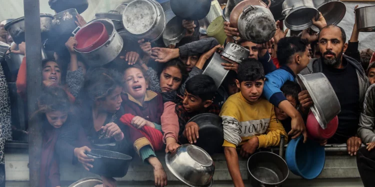 Palestinos desplazados hacen fila para recibir una comida en Jan Yunis, en el sur de la Franja de Gaza, el 29 de noviembre de 2024 (Abed Rahim Khatib/Flash90)