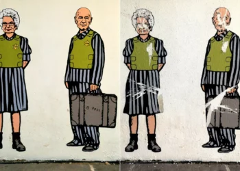 Fotografías del antes y el después del mural “Antisemitismo, la historia se repite” de AleXsandro Palombo en Milán, Italia, antes de que fuera retirado por vándalos. (Cortesía: AleXsandro Palombo)