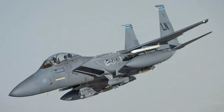 A Lakenheath-based F-15E Strike Eagle forward deployed to the U.S. Central Command (CENTCOM) area of responsibility in 2017 conducting an armed mission as part of Operation Inherent Resolve. (U.S. Air Force photo by Senior Airman Trevor T. McBride)