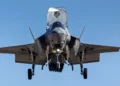 A F-35B from VMFAT-502 hovering, clearly showing the jet’s ability to take off and land from very short runways. (Image credit: Kai Martin)