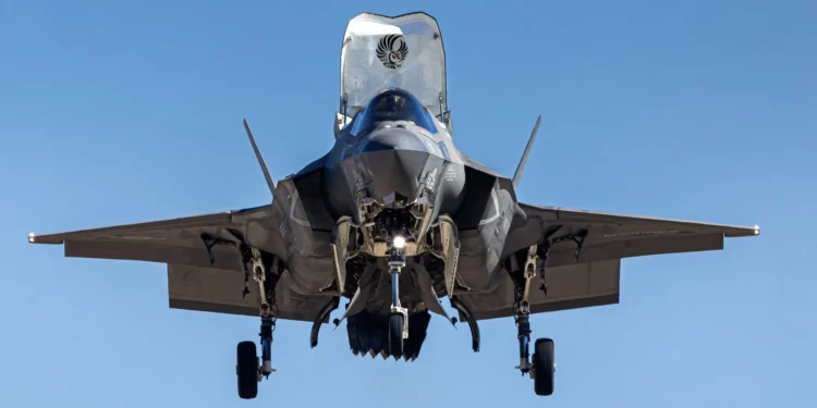 A F-35B from VMFAT-502 hovering, clearly showing the jet’s ability to take off and land from very short runways. (Image credit: Kai Martin)