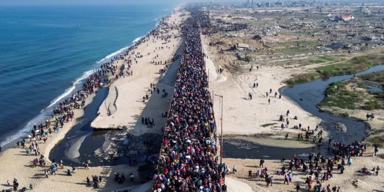 Esta fotografía aérea muestra a habitantes de Gaza desplazados caminando hacia la ciudad de Gaza el 27 de enero de 2025, después de cruzar el corredor de Netzarim desde el sur de la Franja de Gaza. (AFP)