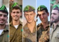 Soldados muertos en el norte de la Franja de Gaza el 13 de enero de 2025: (de izq. a der.) Sargento de Estado Mayor Yahav Hadar, Sargento de Estado Mayor Yoav Feffer, Sargento de Estado Mayor Guy Karmiel, Sargento de Estado Mayor Aviel Wiseman y Capitán Yair Yakov Shushan. (Foto cortesía)