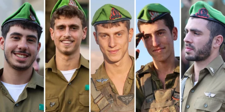 Soldados muertos en el norte de la Franja de Gaza el 13 de enero de 2025: (de izq. a der.) Sargento de Estado Mayor Yahav Hadar, Sargento de Estado Mayor Yoav Feffer, Sargento de Estado Mayor Guy Karmiel, Sargento de Estado Mayor Aviel Wiseman y Capitán Yair Yakov Shushan. (Foto cortesía)