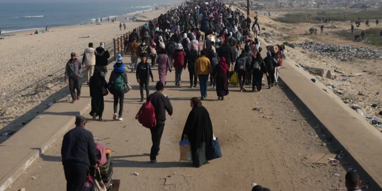 Palestinos desplazados caminan por una carretera para regresar a sus hogares en el norte de la Franja de Gaza, el 28 de enero de 2025. (Foto AP/Abdel Kareem Hana)