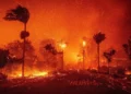 El incendio de Palisades arrasa un vecindario en medio de fuertes vientos en el barrio de Pacific Palisades de Los Ángeles, el 7 de enero de 2025. (Foto AP/Ethan Swope)