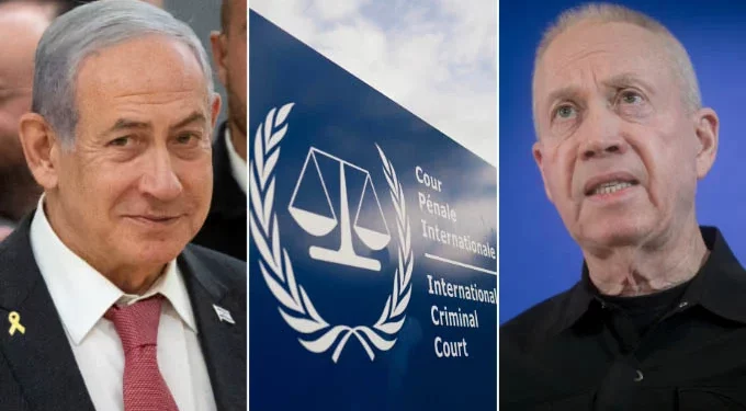 El primer ministro israelí, Benjamin Netanyahu (izquierda), en la Knéset, el 11 de noviembre de 2024. (Yonatan Sindel/Flash90); Vista exterior de la Corte Penal Internacional, o CPI, en La Haya, Países Bajos, el 30 de abril de 2024. (AP/Peter Dejong); El entonces ministro de Defensa, Yoav Gallant, habla durante una conferencia de prensa en la sede militar de Kirya en Tel Aviv, el 5 de noviembre de 2024. (Miriam Alster/Flash90)