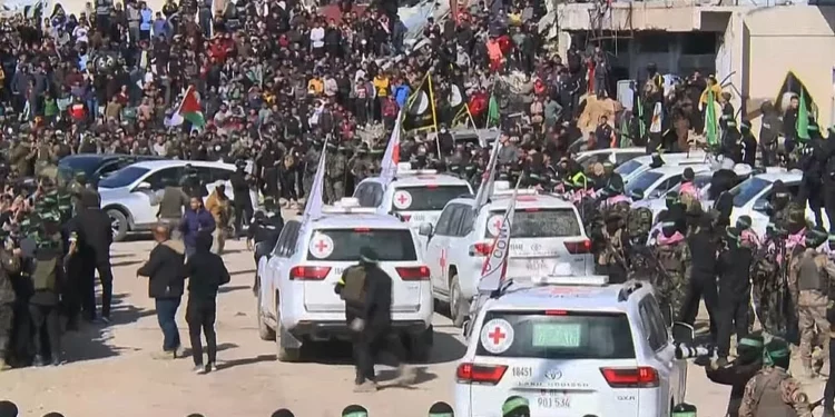 Se observan vehículos de la Cruz Roja saliendo de una plaza de la ciudad de Gaza después de recoger a cuatro rehenes israelíes el 25 de enero de 2025. (Captura de pantalla/YouTube)