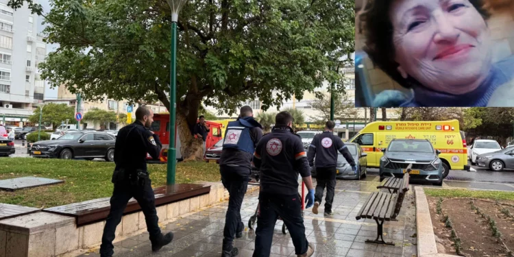 El lugar de un apuñalamiento mortal en Herzliya el 27 de diciembre de 2024. (Magen David Adom); recuadro: Ludmila Lipovsky, de 83 años, asesinada en el ataque. (Cortesía)