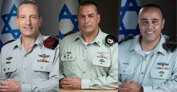 Retratos oficiales del (LR) general de División Amir Baram, el general de División (res.) Eyal Zamir y el general de División Tamir Yadai. (Fuerzas de Defensa de Israel)