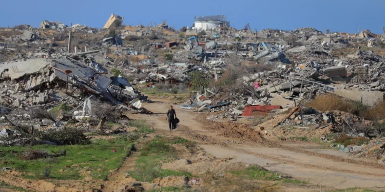 Palestinos desplazados regresan a sus hogares en el norte de la Franja de Gaza por la carretera Saladino el 28 de enero de 2025. (Ali Hassan/Flash90)