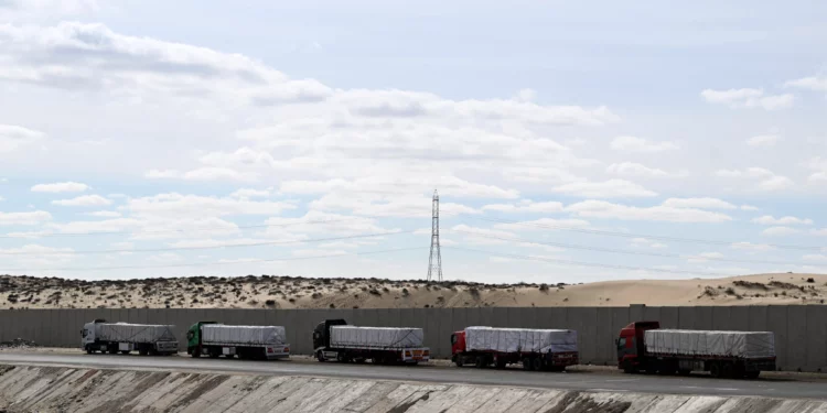 Camiones que transportan ayuda para Gaza hacen fila cerca de un puesto de control a lo largo de una carretera en la península del Sinaí, en el norte de Egipto, cerca de la ciudad de Bir al-Abd, el 19 de enero de 2025 (Khaled DESOUKI / AFP)